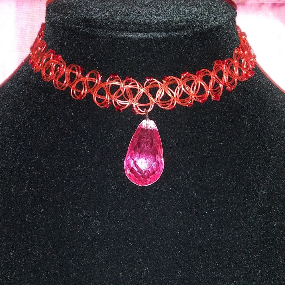 Red choker charm necklace, Choker necklace